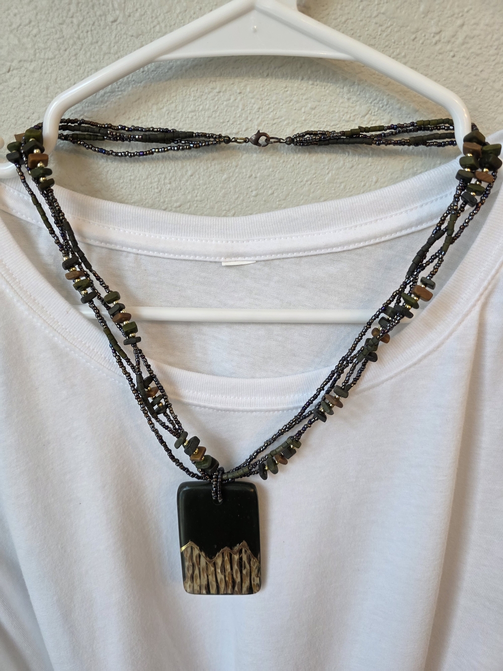 Handcrafted Black and Olive Beaded Pendant Necklace #39